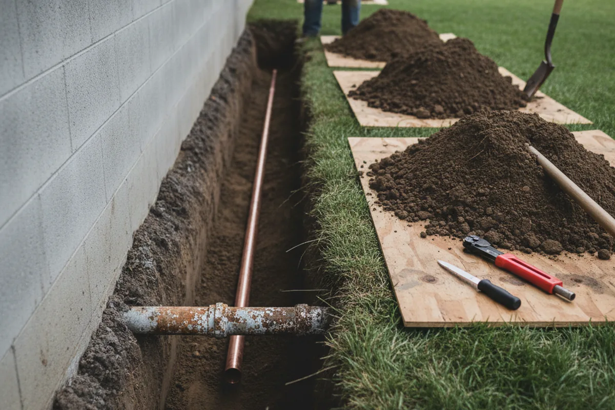 Excavated water line trench during Water Softener Installation in Kewanna